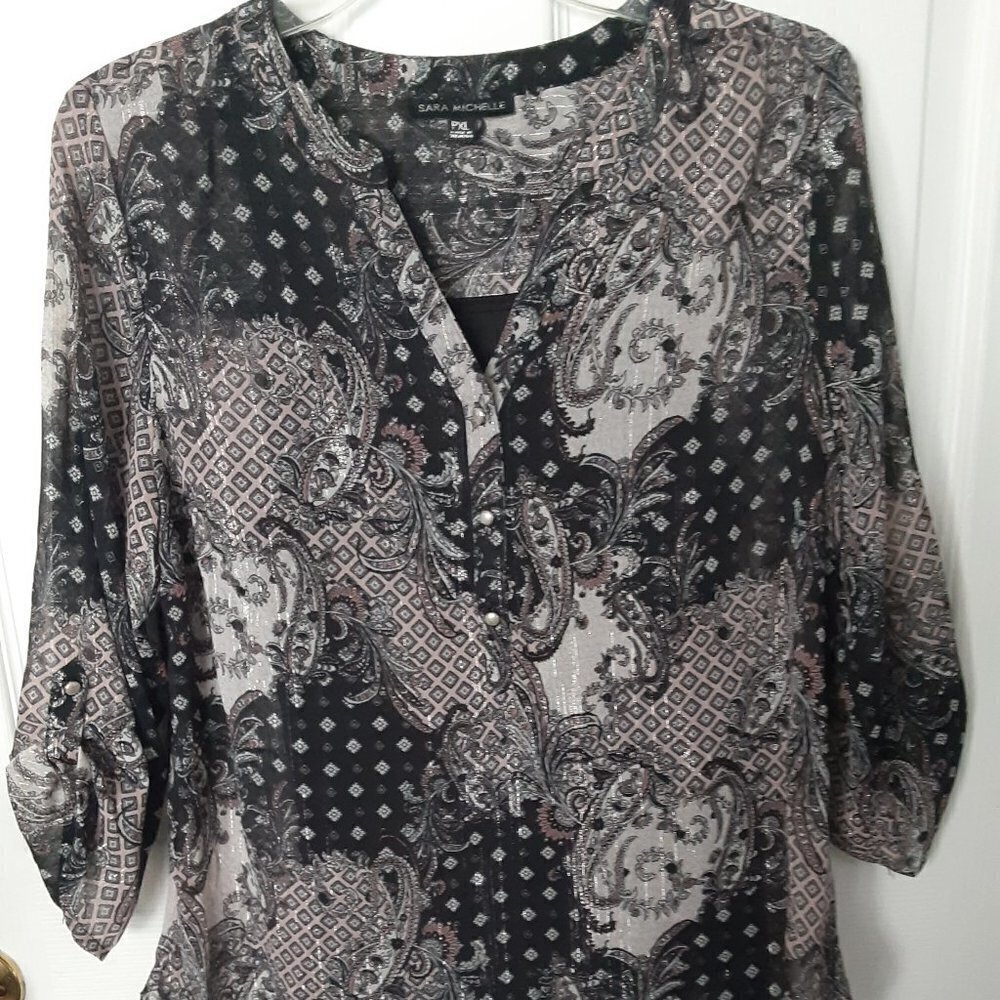 Sara Michelle Size Extra Large Petite Black/Beige Floral Metallic Lined Blouse